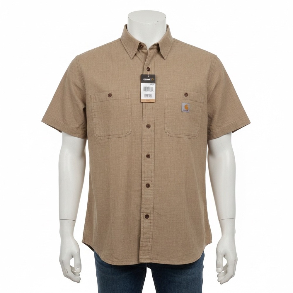 Carhartt Men XL Rugged Flex Relaxed‎ Fit Plaid Short Sleeve Work Shirt Tan